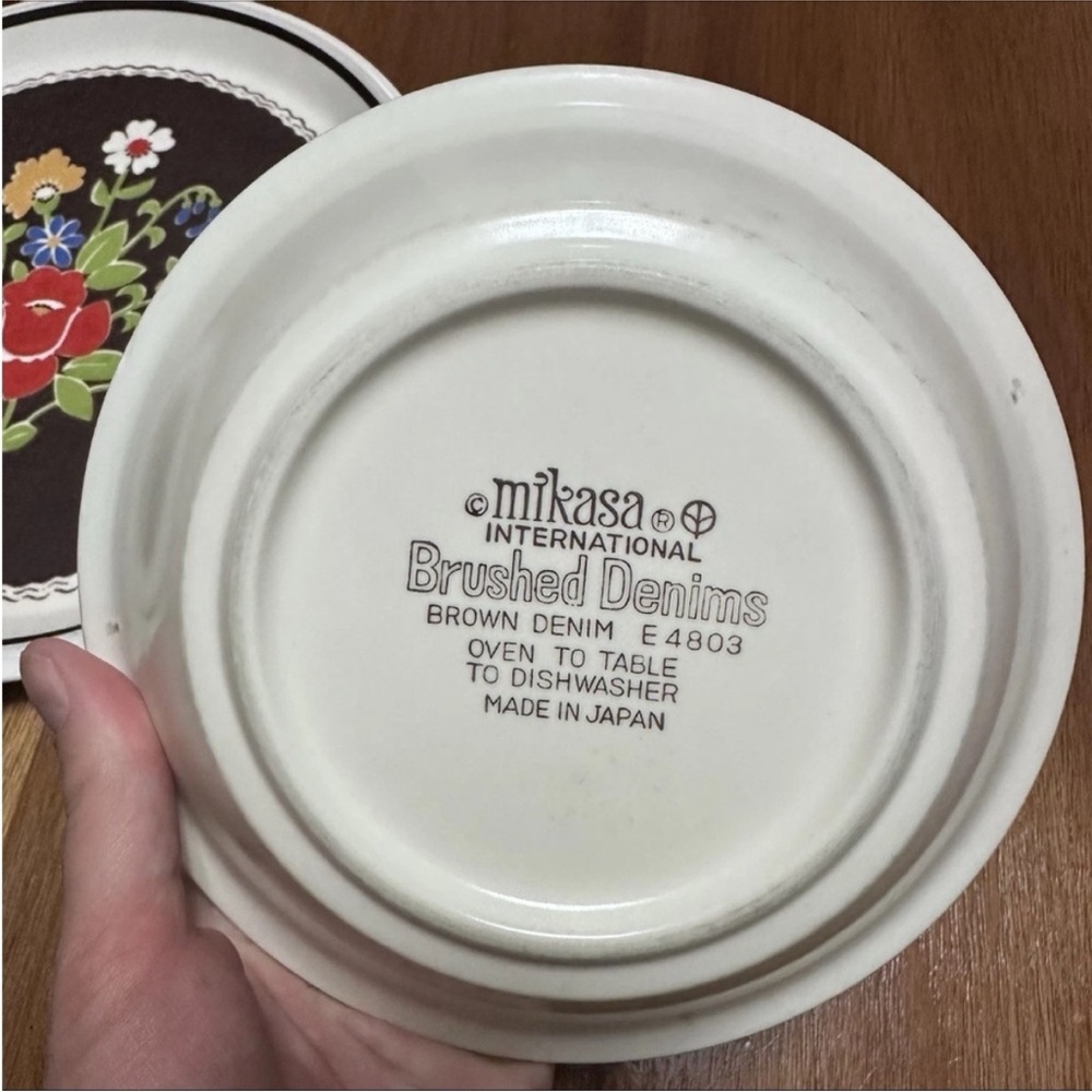 Mikasa Int’l 1970s Brown Denim Floral 11” Plate & Bowl Set E4803 Mid Century - Picture 2 of 8